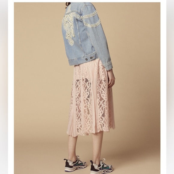Sandro Pale Pink Pleated Detail Floral Lace Midi Skirt size 2 - Picture 1 of 14